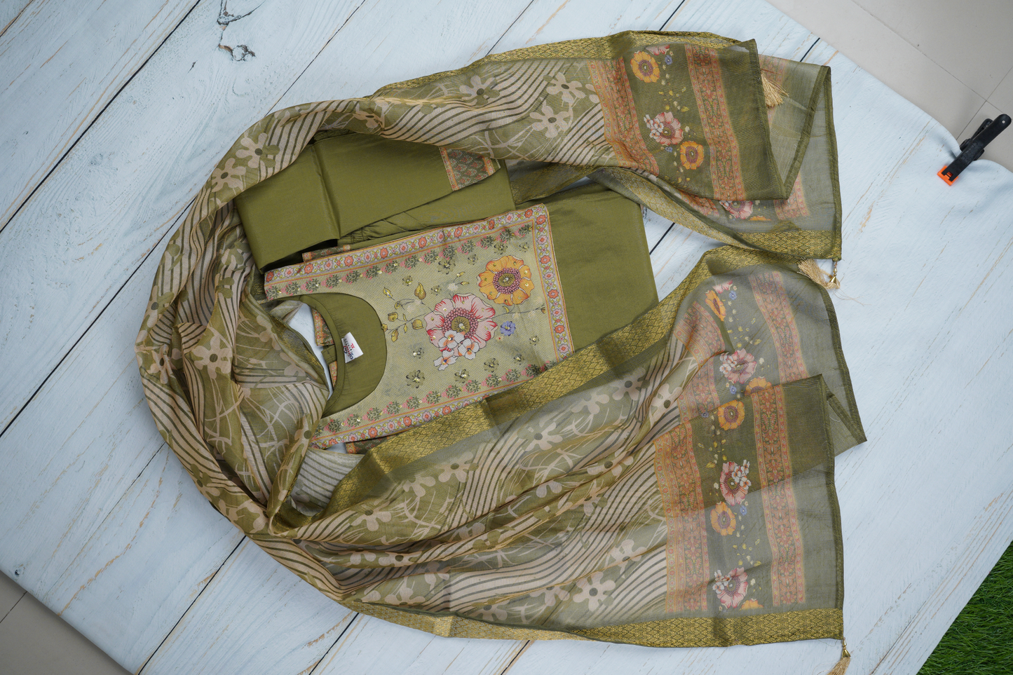 Olive Green Unstiched Dress Material Suit