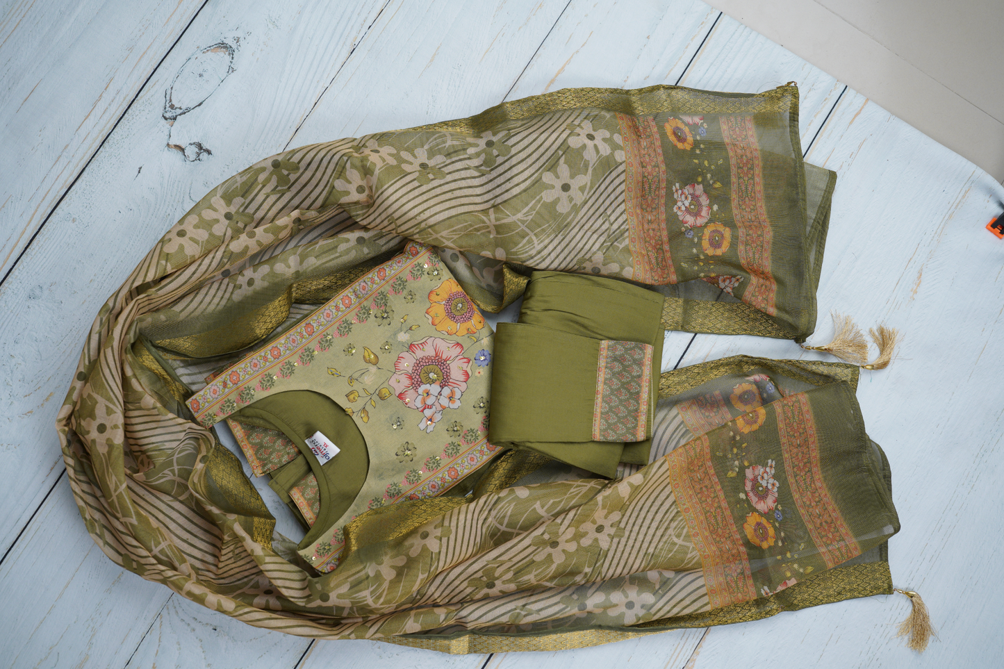 Olive Green Unstiched Dress Material Suit