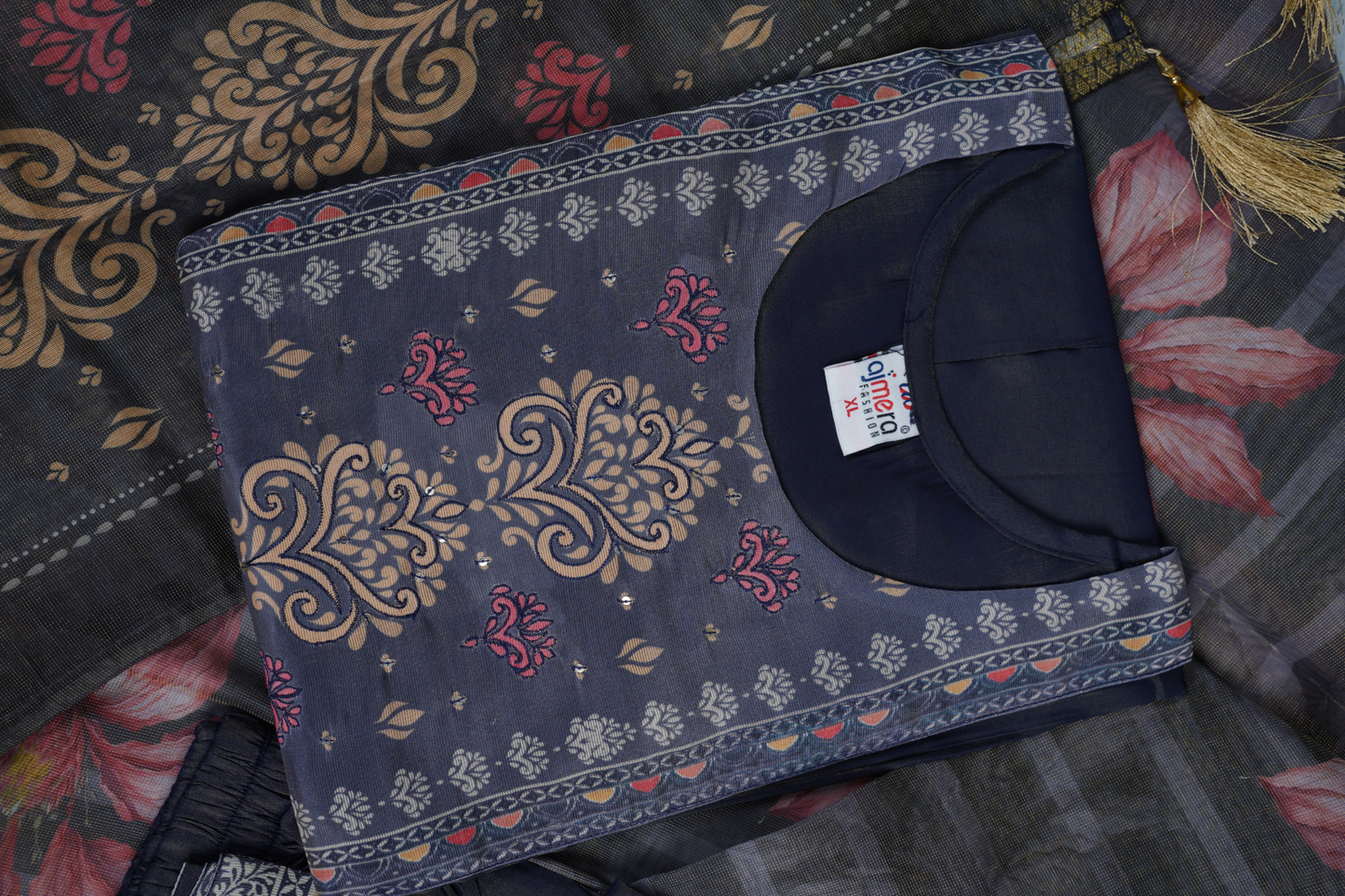 Navy Blue Base Unstitched Dress Material Suit