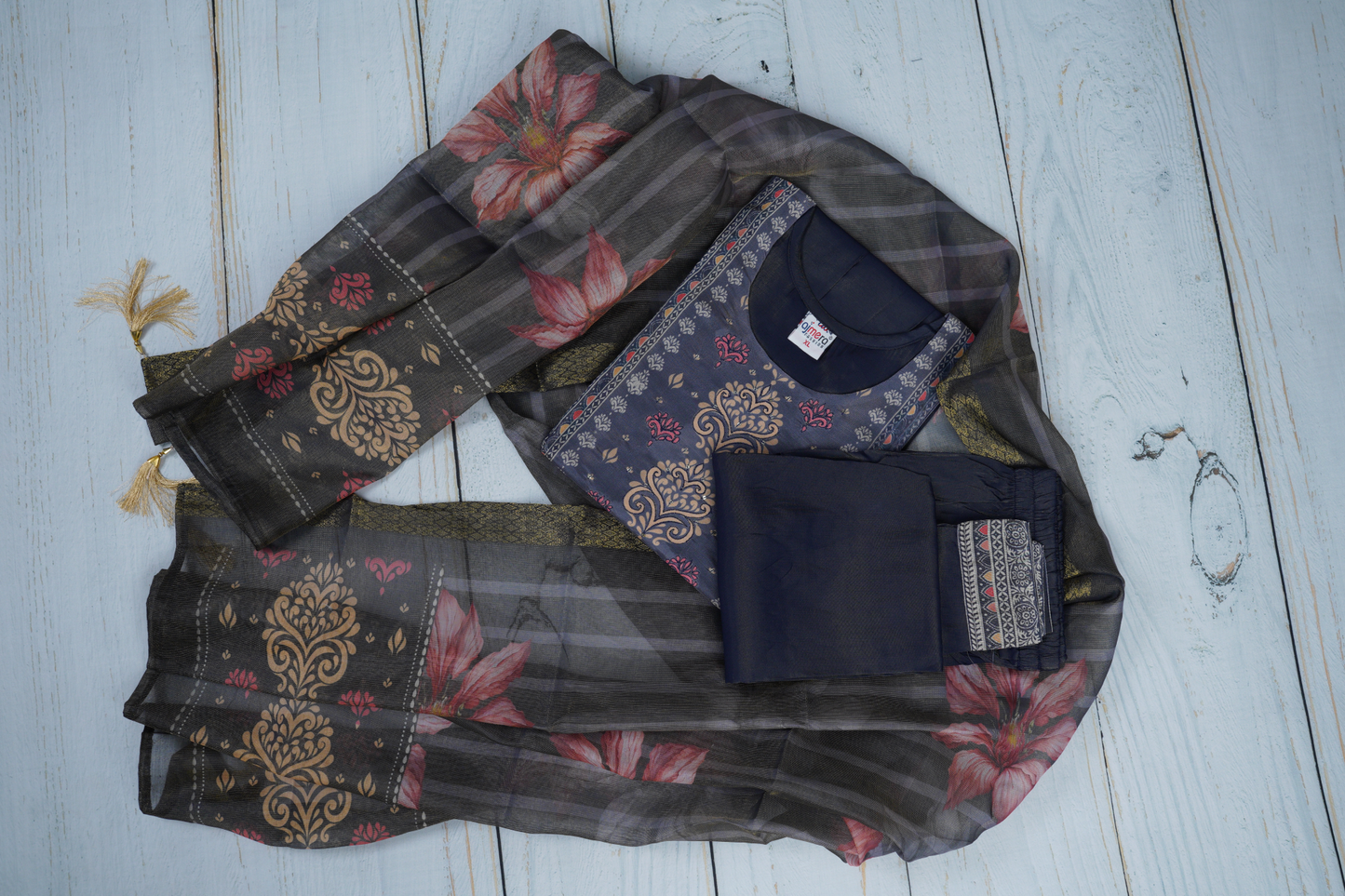 Navy Blue Base Unstitched Dress Material Suit