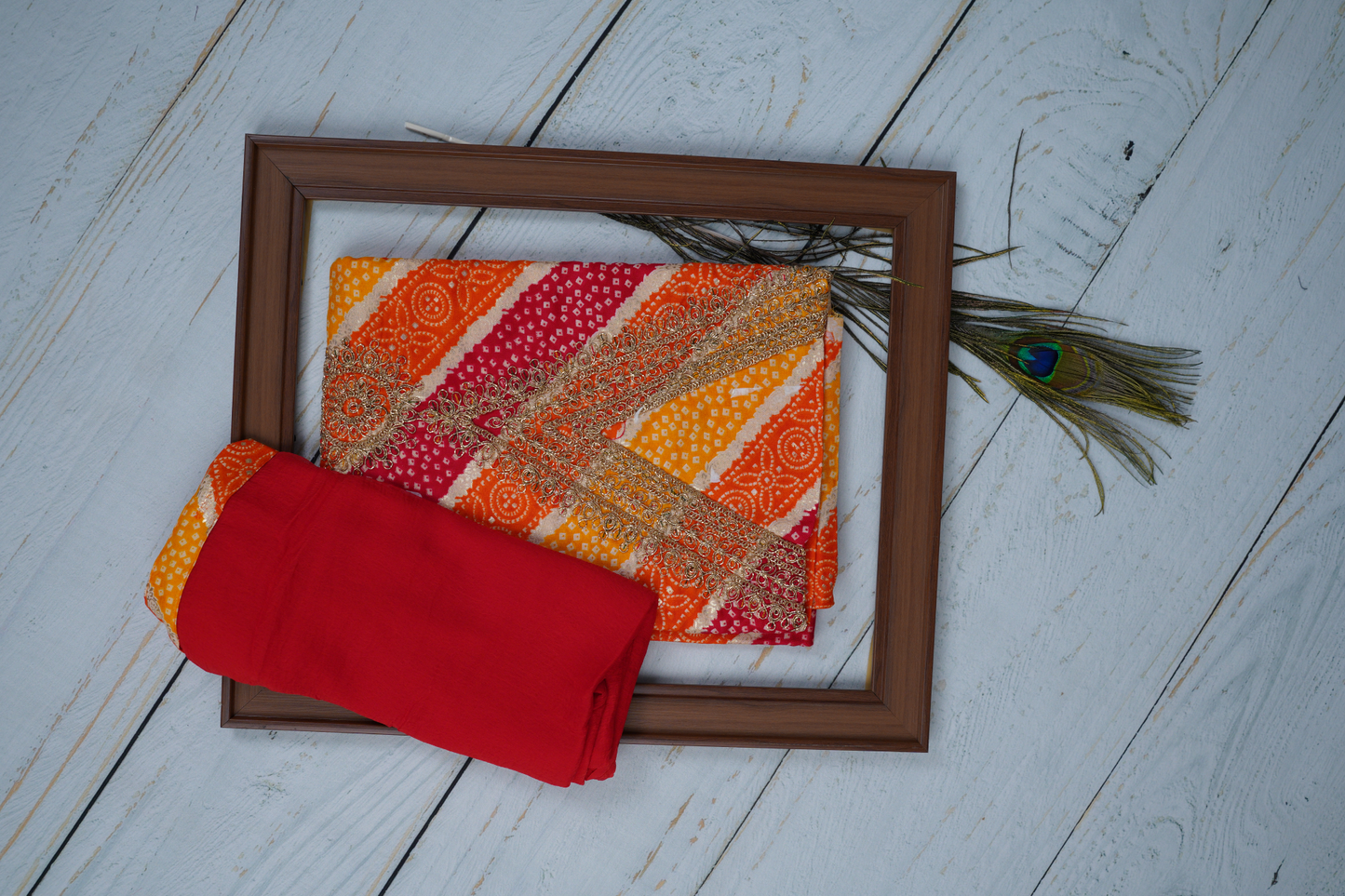 Diagonal Pattern in Red, Yellow, Orange Unstitched Dress Material Suit