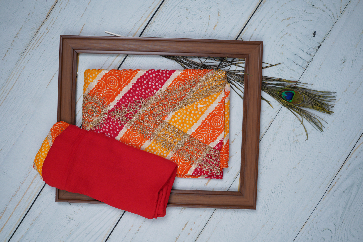 Diagonal Pattern in Red, Yellow, Orange Unstitched Dress Material Suit