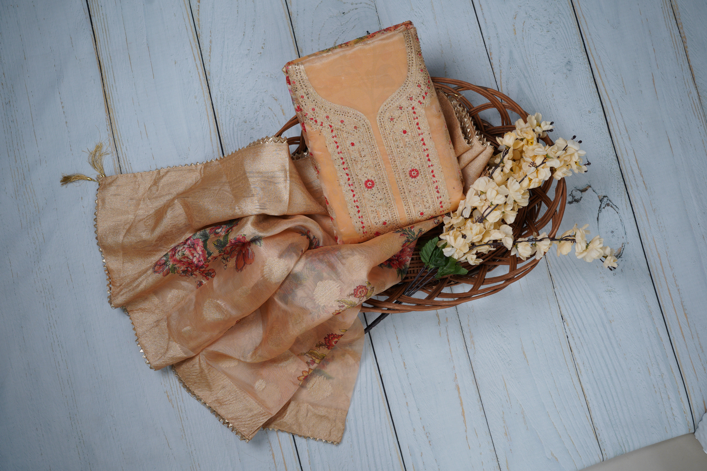 Creamish Yellow Unstitched Dress Material Suit