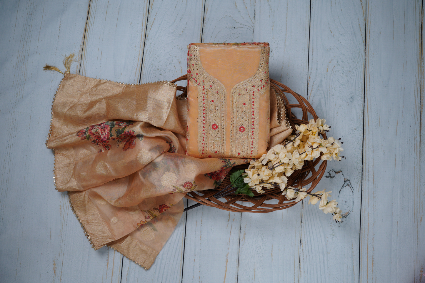 Creamish Yellow Unstitched Dress Material Suit