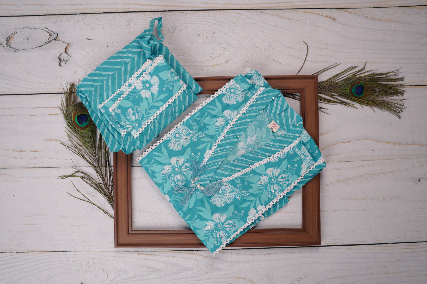 Blue and White Unstitched Dress Material Suit