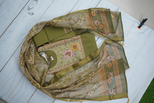 Olive Green Unstiched Dress Material Suit