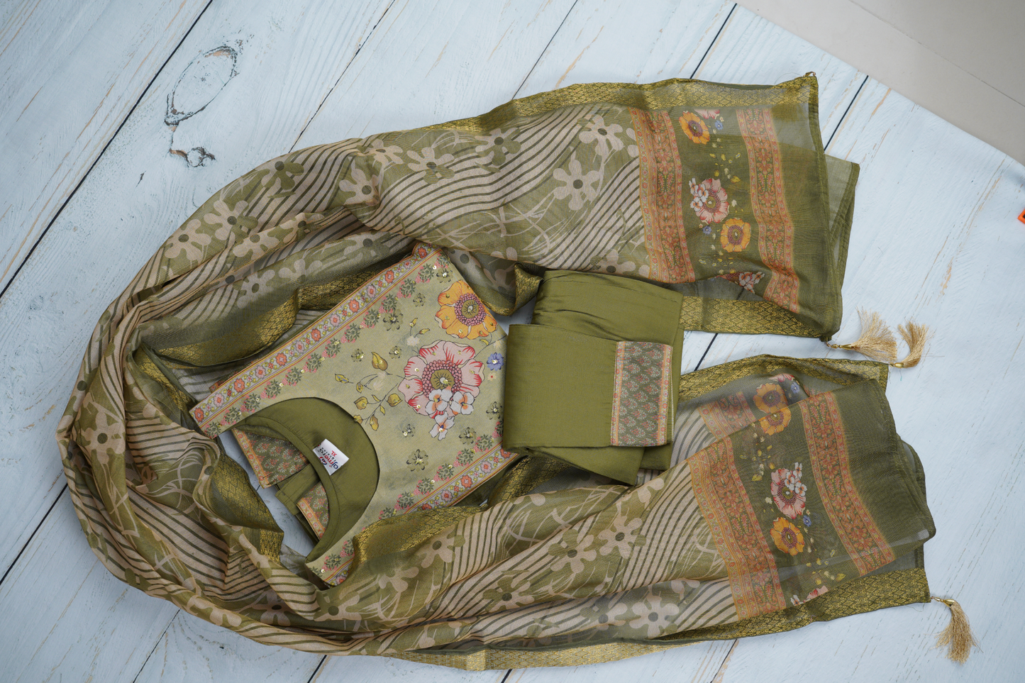 Olive Green Unstiched Dress Material Suit