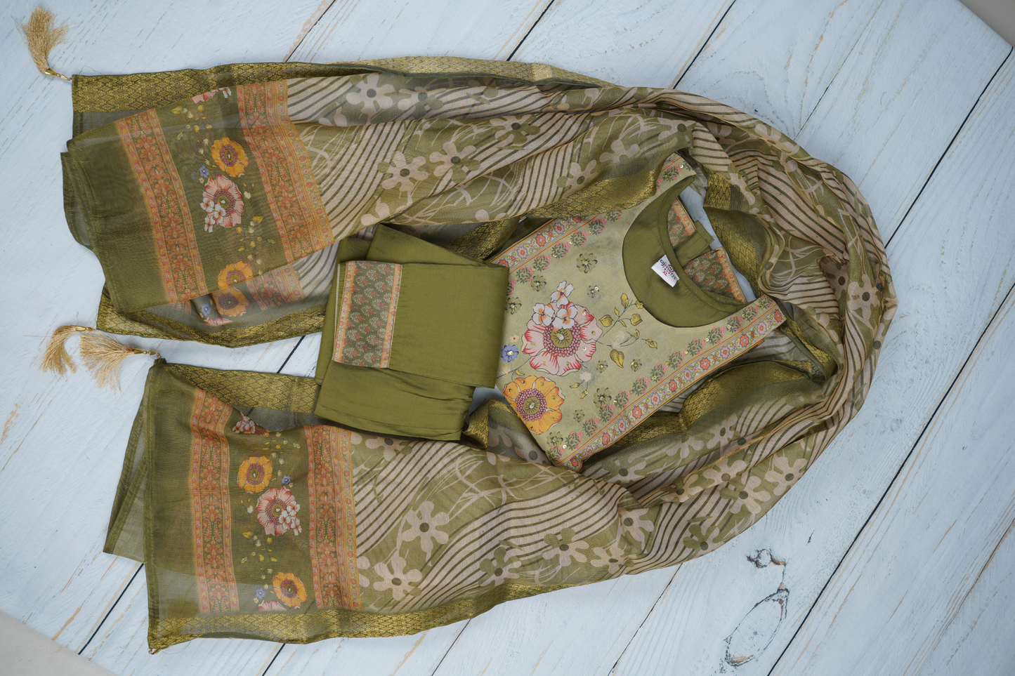 Olive Green Unstiched Dress Material Suit