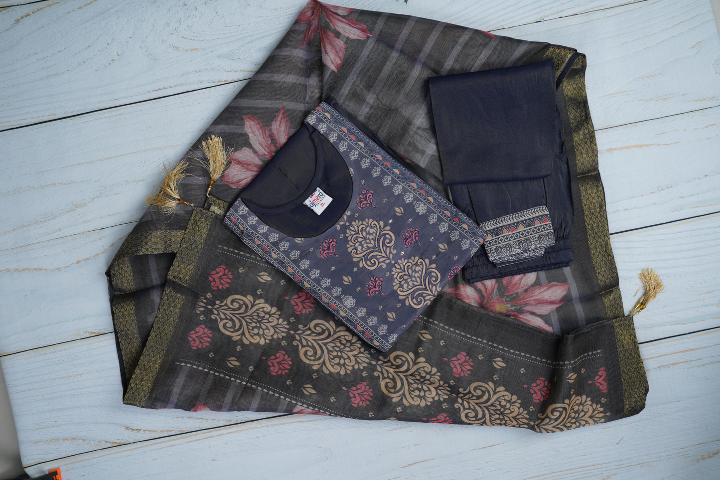 Navy Blue Base Unstitched Dress Material Suit