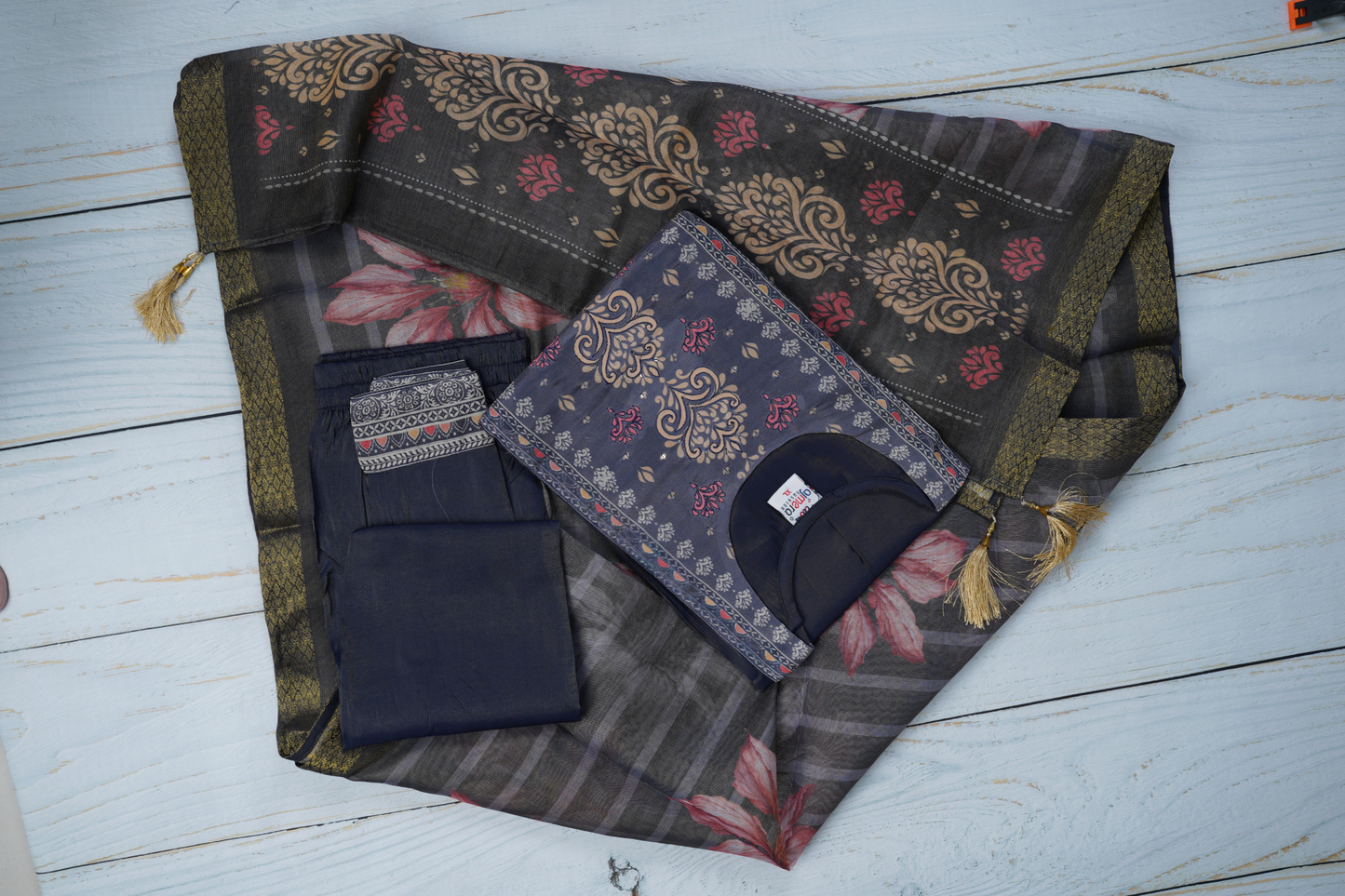 Navy Blue Base Unstitched Dress Material Suit