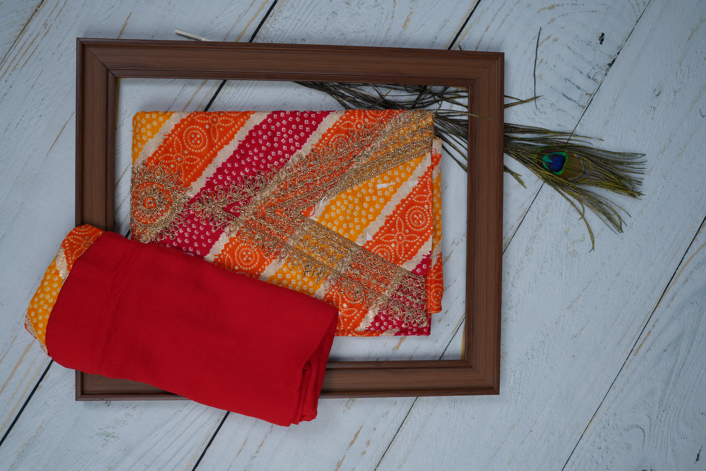 Diagonal Pattern in Red, Yellow, Orange Unstitched Dress Material Suit