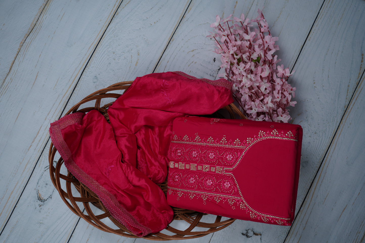 Crimson Red Unstitched Dress Material Suit