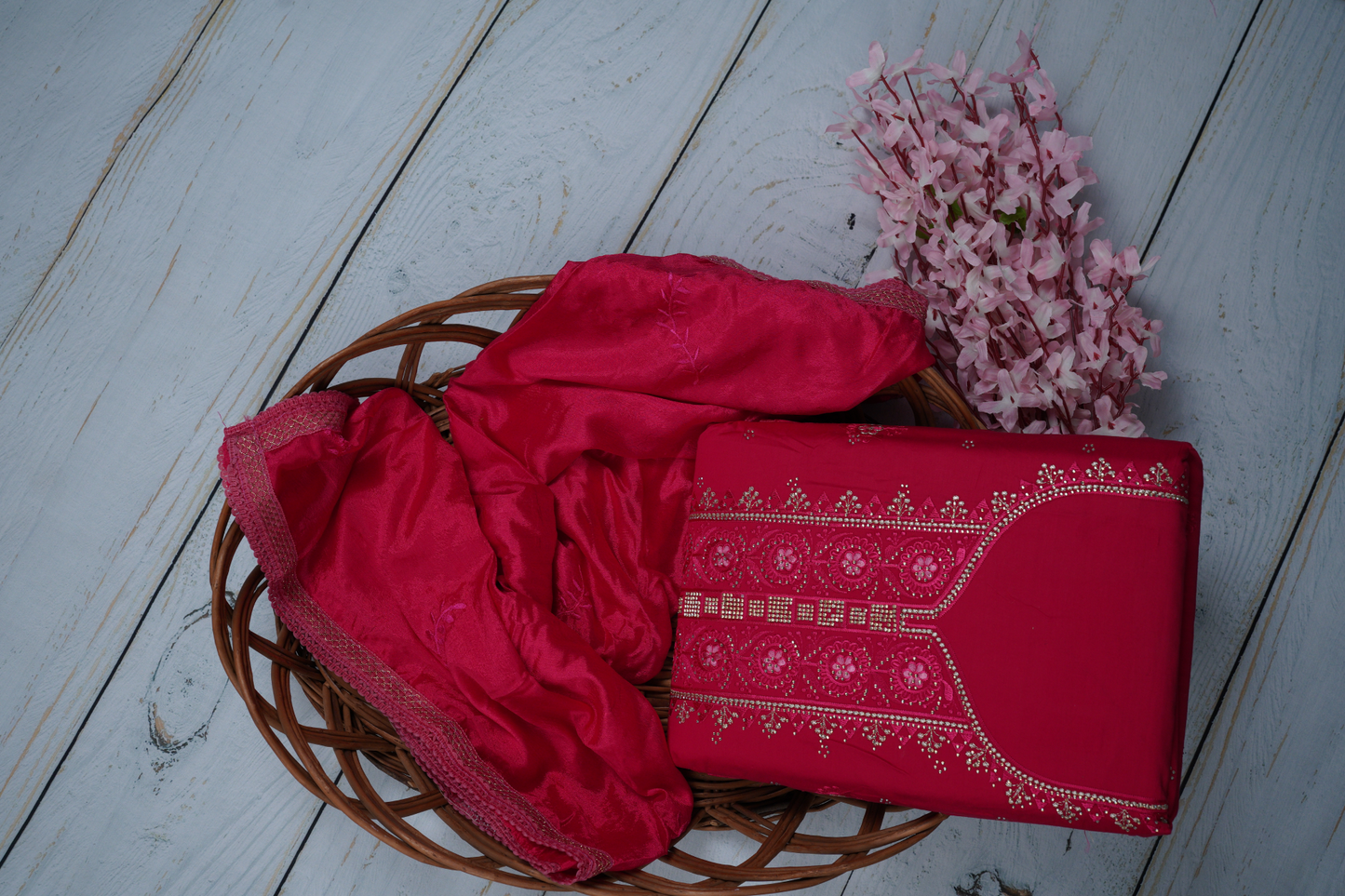 Crimson Red Unstitched Dress Material Suit