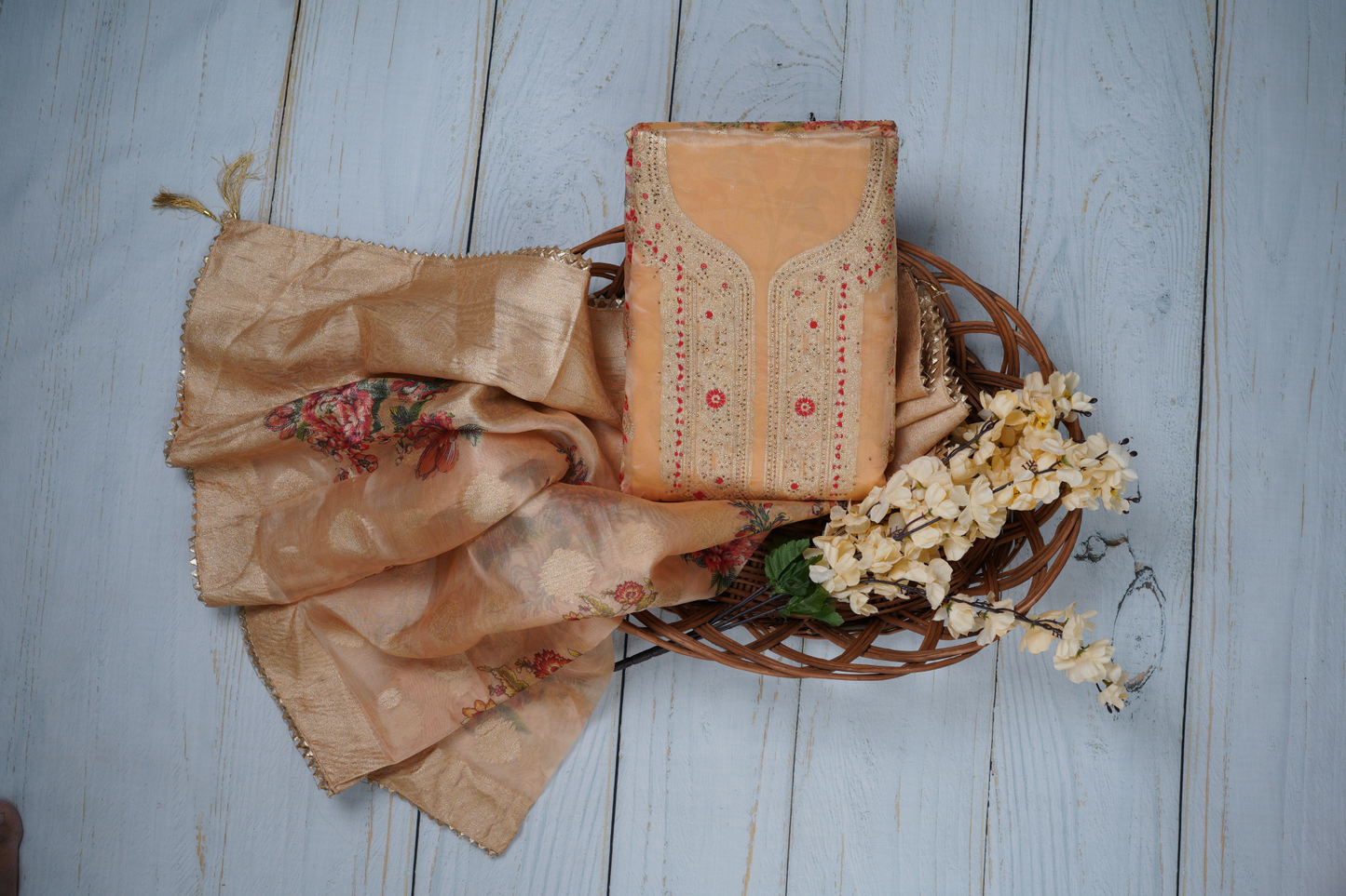 Creamish Yellow Unstitched Dress Material Suit