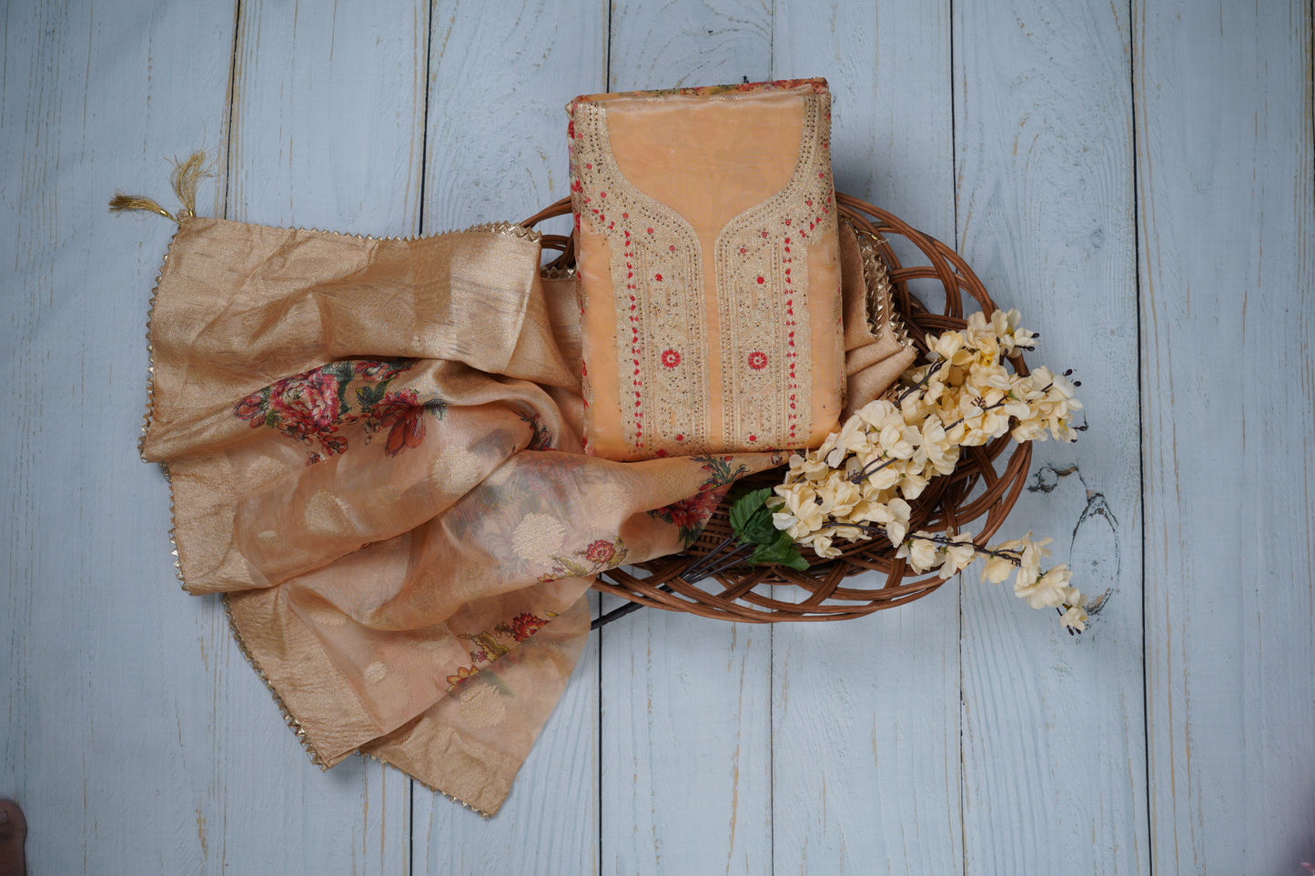 Creamish Yellow Unstitched Dress Material Suit