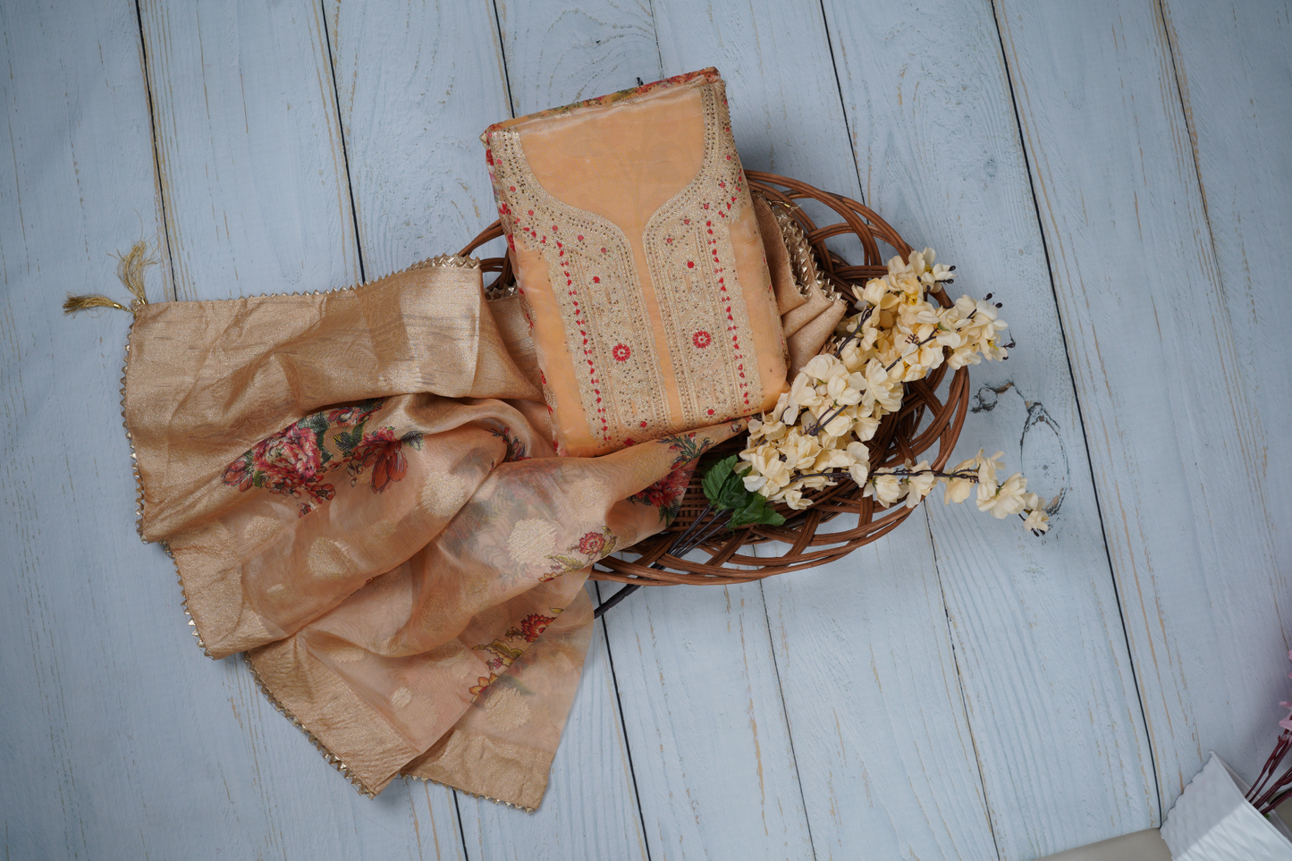 Creamish Yellow Unstitched Dress Material Suit