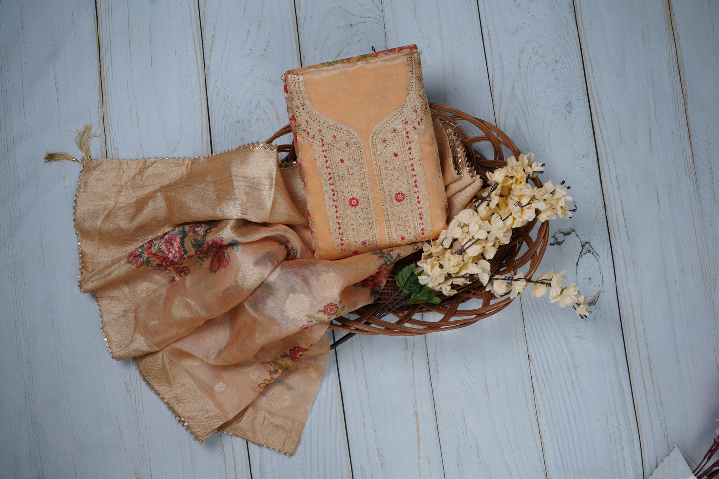 Creamish Yellow Unstitched Dress Material Suit