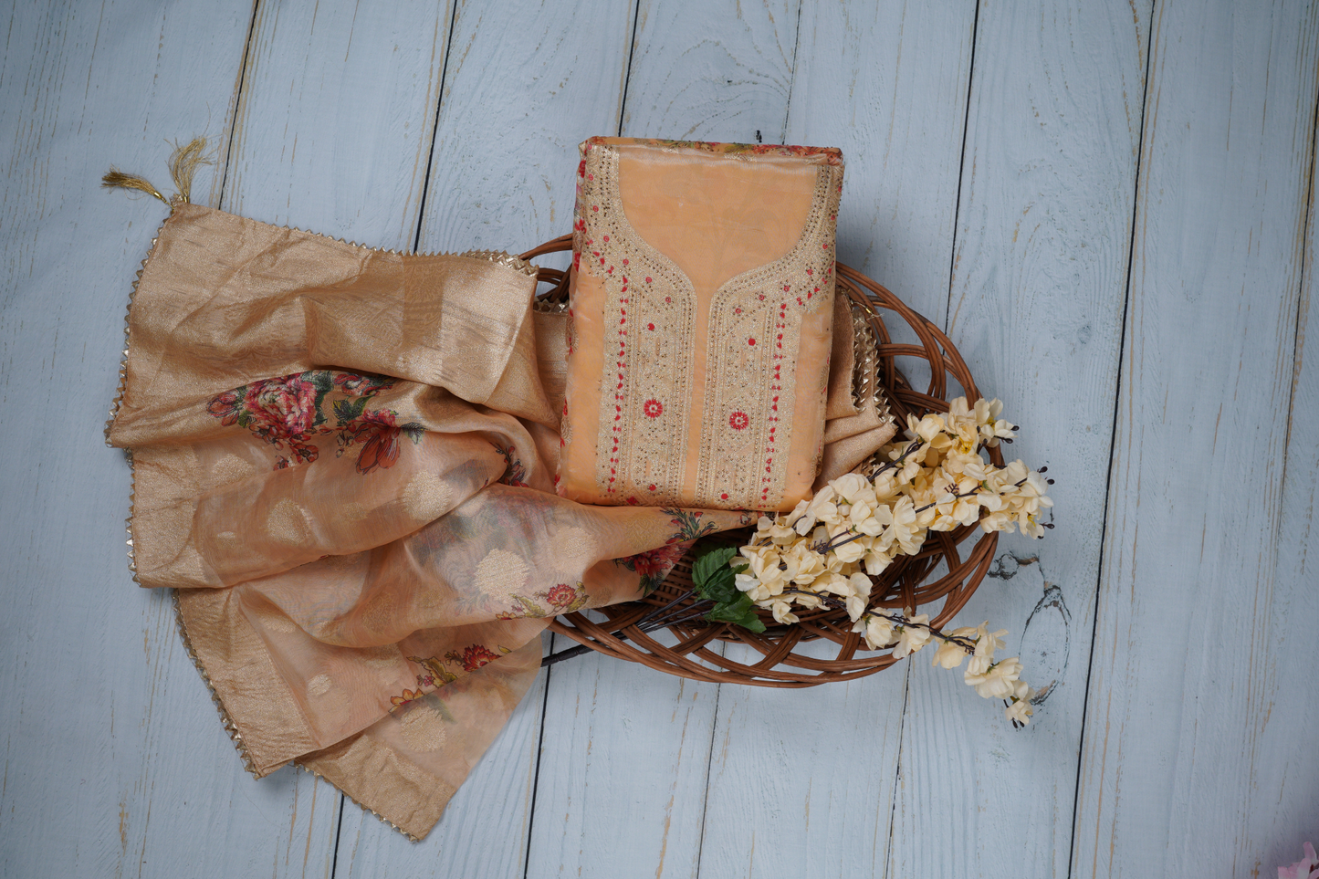 Creamish Yellow Unstitched Dress Material Suit