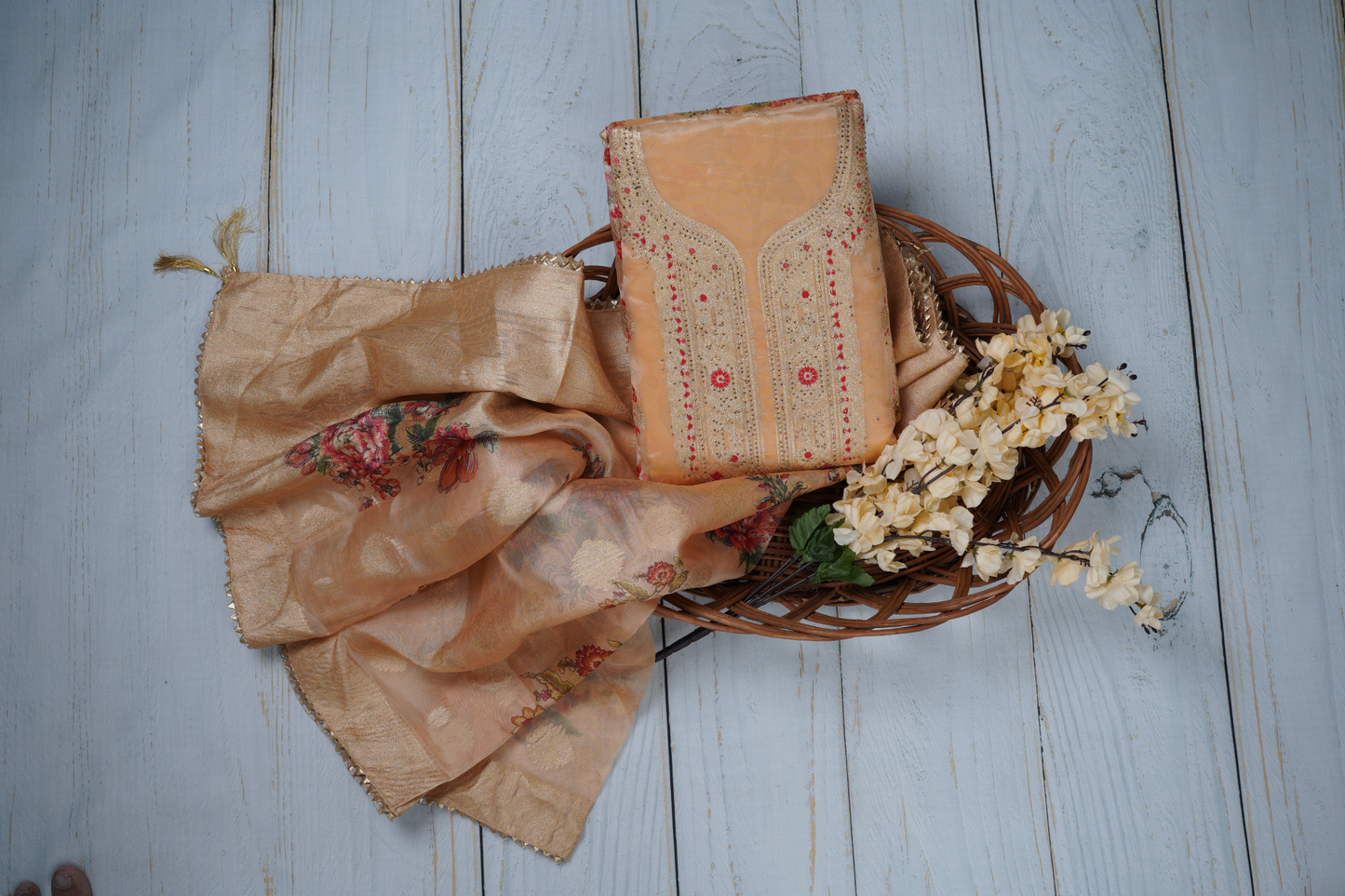 Creamish Yellow Unstitched Dress Material Suit