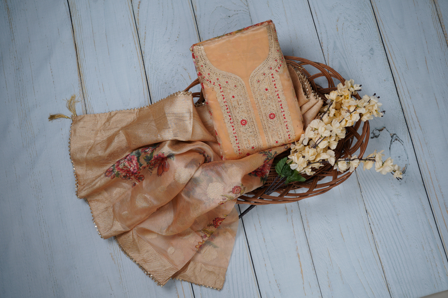 Creamish Yellow Unstitched Dress Material Suit